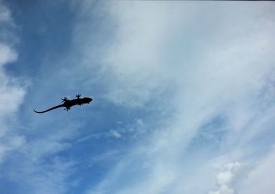 Low angle view of airplane against cloudy sky