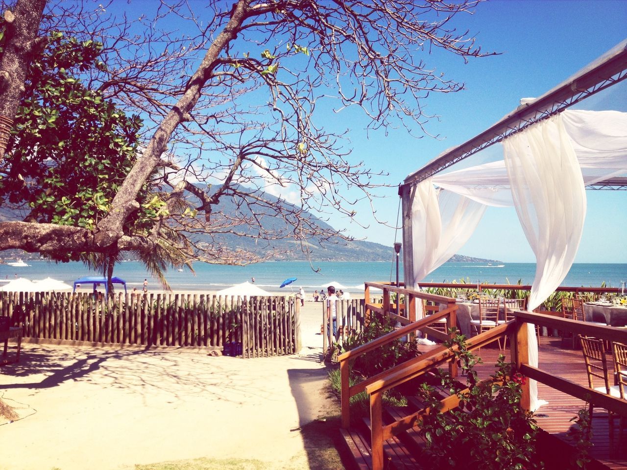 sea, water, beach, chair, tree, railing, sunlight, tranquility, clear sky, nature, tranquil scene, sky, blue, horizon over water, beauty in nature, scenics, absence, day, parasol, lounge chair