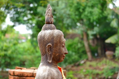 Close-up of buddha statue against trees