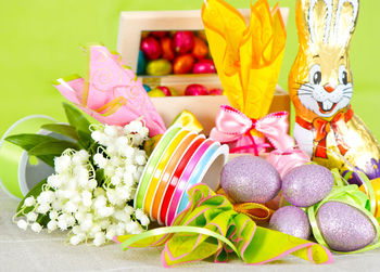 Close-up of colorful flowers on table