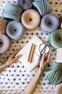 High angle view of wool on table