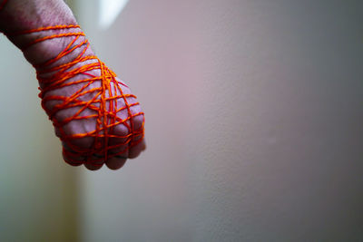 Close-up of hand against orange wall
