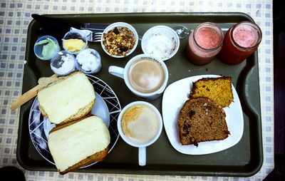 High angle view of breakfast on table