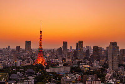 Aerial view of buildings in city during sunset