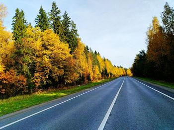 Empty road by trees against sky