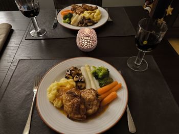 High angle view of food in plate on table