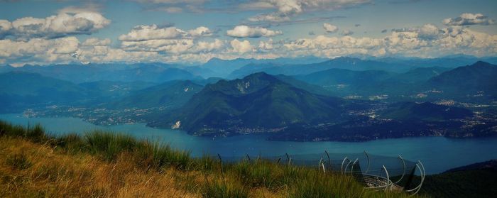 Scenic view of lake and mountains against sky