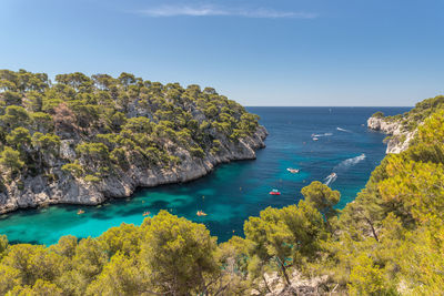 High angle view of bay against clear sky