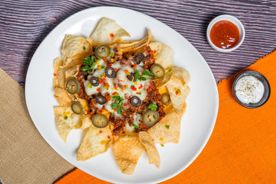 High angle view of food served on table