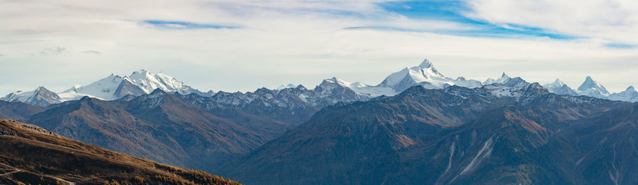 Panoramic view of snowcapped mountains against sky