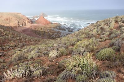 Panoramic view of sea and mountains against sky