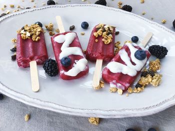 Close-up of berry popsicles on serving plate