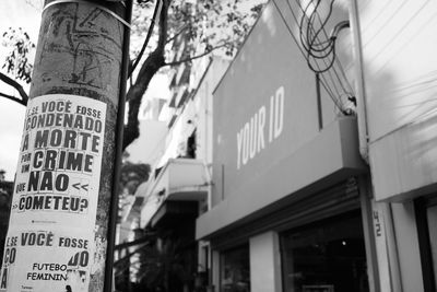 Low angle view of text on building