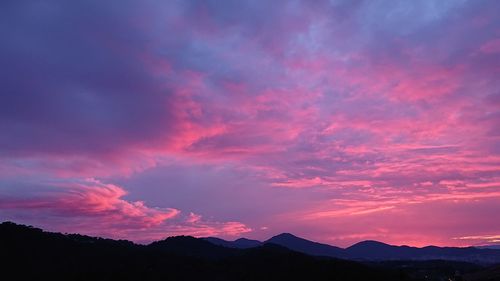 Low angle view of silhouette mountains against dramatic sky