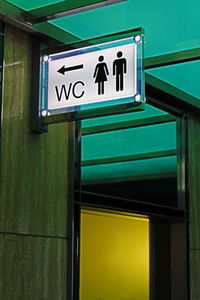 Low angle view of restroom signs