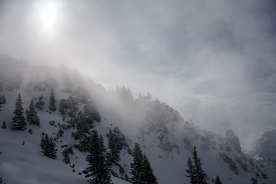 Scenic view of snow covered mountains against sky