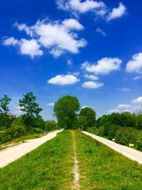 Empty road amidst trees against sky