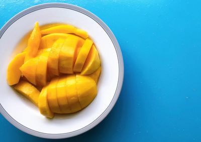 High angle view of fruits in bowl on table