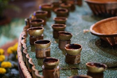 Close-up of diya on table