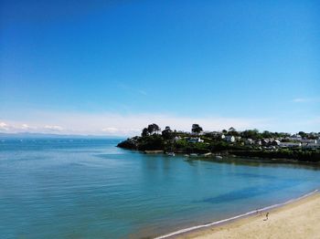 Scenic view of sea against clear blue sky