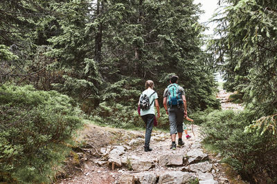 Family with backpacks hiking in a mountains actively spending summer vacation together