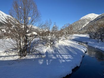 Snow covered trees by mountain against sky