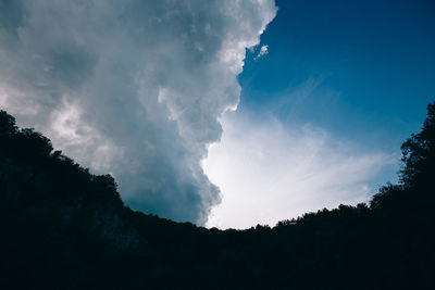 Low angle view of silhouette trees against cloudy sky