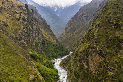Steep rugged river valley landscape in the mountains, himalaya nepal