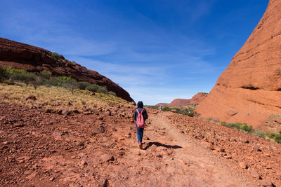 Rear view of man standing on mountain against sky