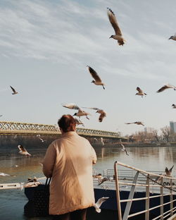 Rear view of man with seagulls flying against sky