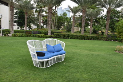 View of chair on green grass