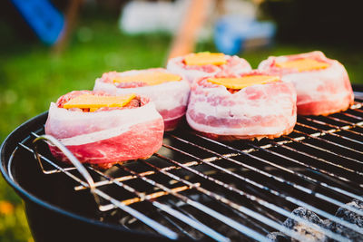 Close-up of meat on barbecue grill