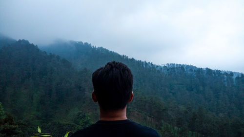 Rear view of man looking at mountains