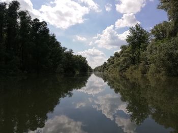 Reflection of trees in lake against sky