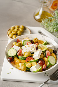 High angle view of salad in plate on table