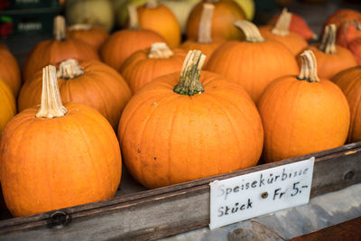 Close-up of pumpkins for sale at market stall