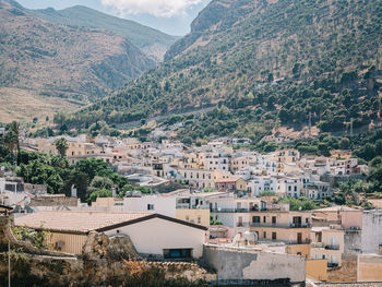 High angle view of buildings in town