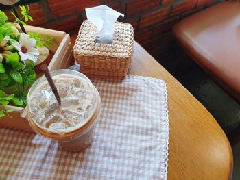 High angle view of drink on table