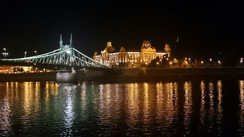 Illuminated bridge over river