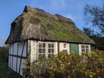 Low angle view of house and trees against sky