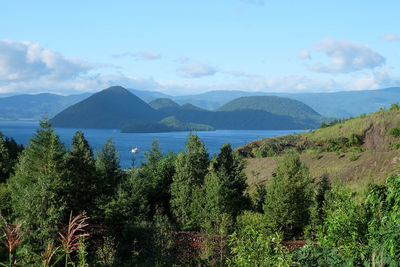 Scenic view of lake and mountains against sky