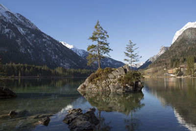 Scenic view of lake and mountains against sky