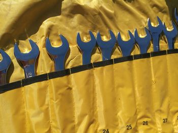 Close-up of wrenches in yellow canvas pouch