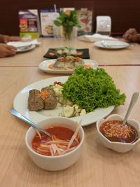 High angle view of food served on table