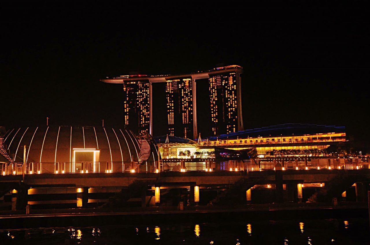 illuminated, night, built structure, architecture, bridge - man made structure, famous place, building exterior, connection, city, travel destinations, clear sky, capital cities, international landmark, engineering, tourism, travel, sky, river, low angle view, copy space