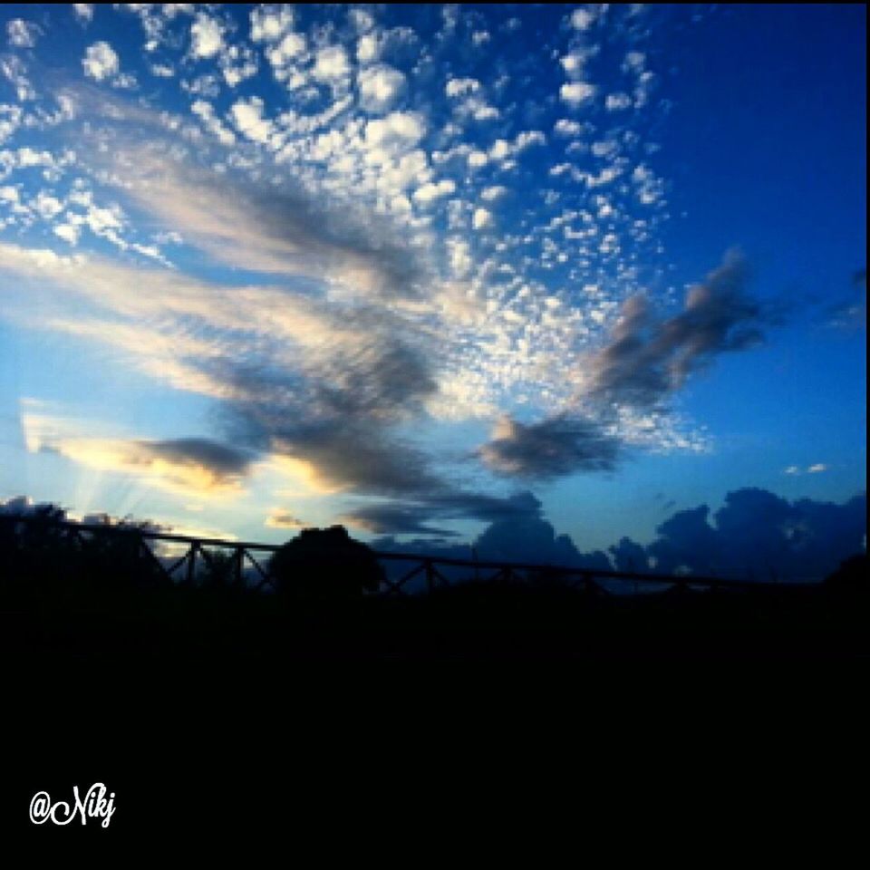 silhouette, sky, scenics, cloud - sky, tranquility, tranquil scene, beauty in nature, landscape, sunset, nature, cloud, blue, tree, dark, idyllic, dusk, cloudy, outdoors, low angle view, no people