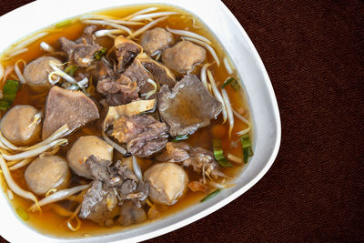 High angle view of soup in bowl on table