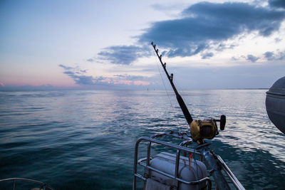 Fishing rod at sea against sky