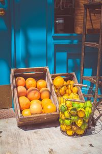 High angle view of fruits on table at market