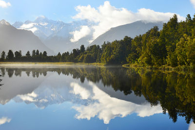 Scenic view of trees and mountains reflection in lake matheson